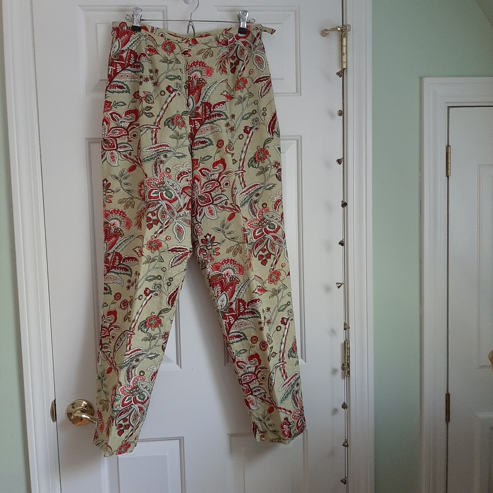 Vintage Silk Club Collection Floral Linen High Waist Side Zip Pants, Woman's 10